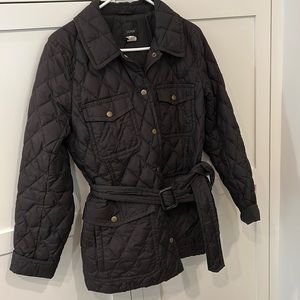 J Crew women’s size large dark chocolate brown quilted coat with belt.